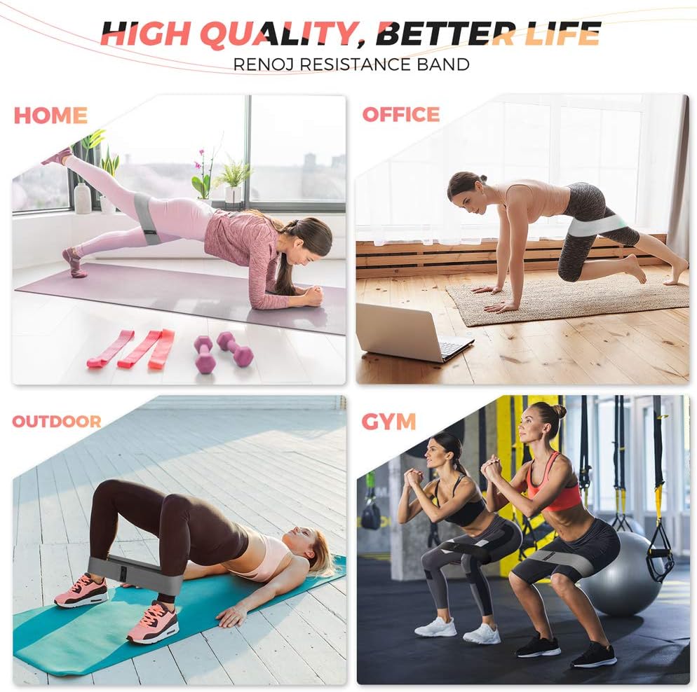 Renoj Resistance Bands for Working Out: 3-Set Professional Exercise Bands for Pilates. Yoga. Home Gym. Booty. Leg Training | Heavy/Medium/Light Fabric Loops for Women Men