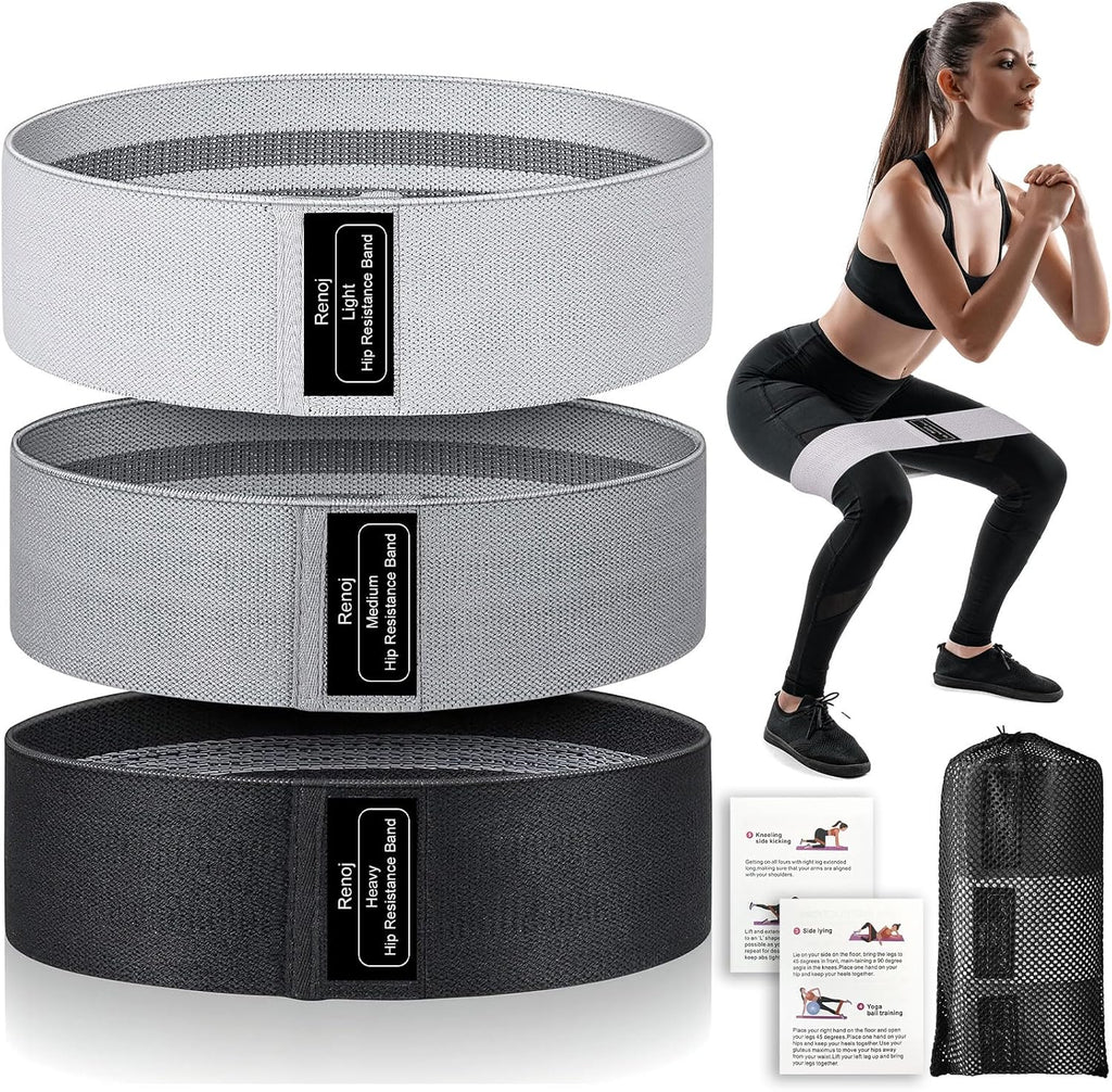 Renoj Resistance Bands for Working Out: 3-Set Professional Exercise Bands for Pilates. Yoga. Home Gym. Booty. Leg Training | Heavy/Medium/Light Fabric Loops for Women Men