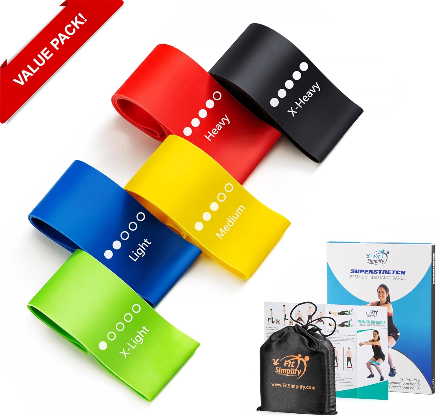 Fit Simplify Resistance Loop Exercise Bands with Instruction Guide and Carry Bag. Set of 5