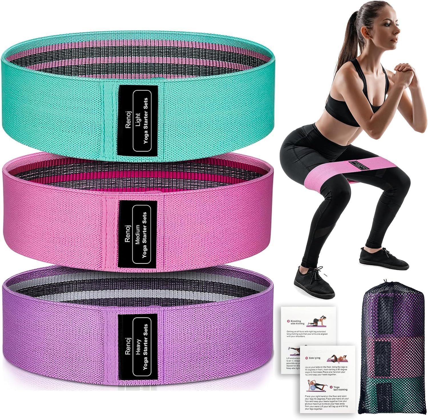 Renoj Resistance Bands for Working Out: 3-Set Professional Exercise Bands for Pilates. Yoga. Home Gym. Booty. Leg Training | Heavy/Medium/Light Fabric Loops for Women Men